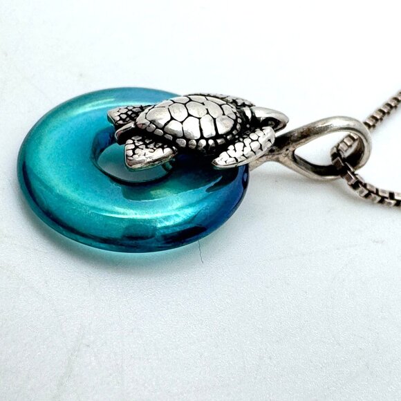 Sterling Silver Sea Turtle Necklace Blue Glass Pendant Vintage Italy 925 - Picture 8 of 8